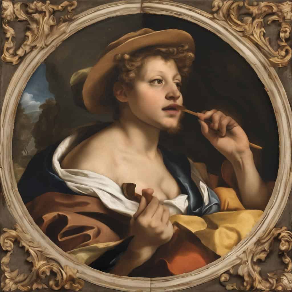 ALT: Νεαρός άνδρας με καπέλο και πινέλο, σε κλασικό πορτραίτο, αναπαράσταση εσωτερικής σκέψης και τέχνης.
