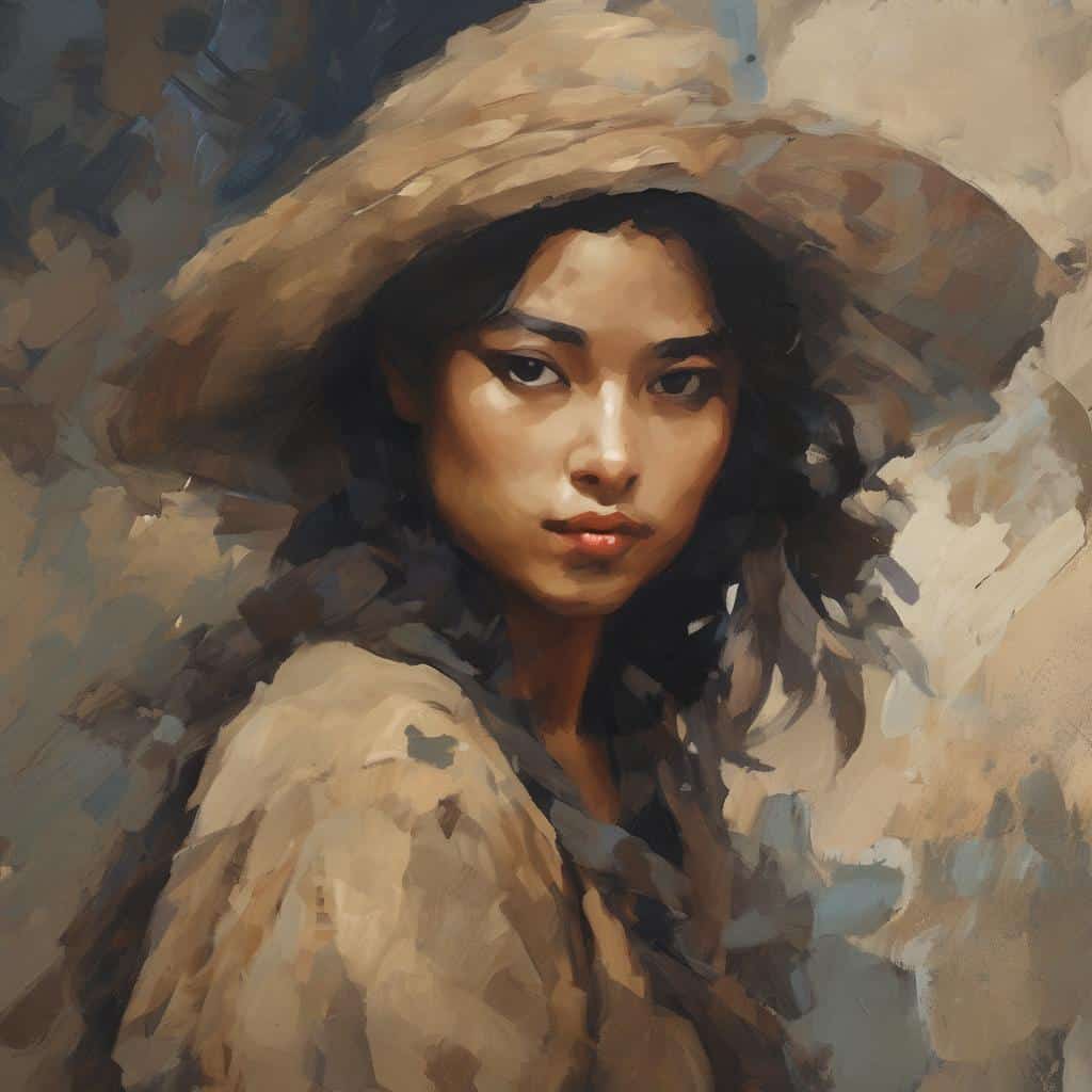 Ανθρώπινη προσωπογραφία σε ζωγραφικό στυλ με καπέλο και φυσικό φωτισμό.