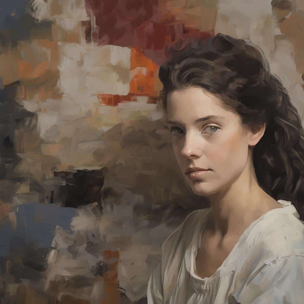Παροτρύνει: ρεαλιστικό πορτρέτο γυναίκας με καστανά μαλλιά, εκφραστική εμφάνιση και ζωγραφική υφή.
