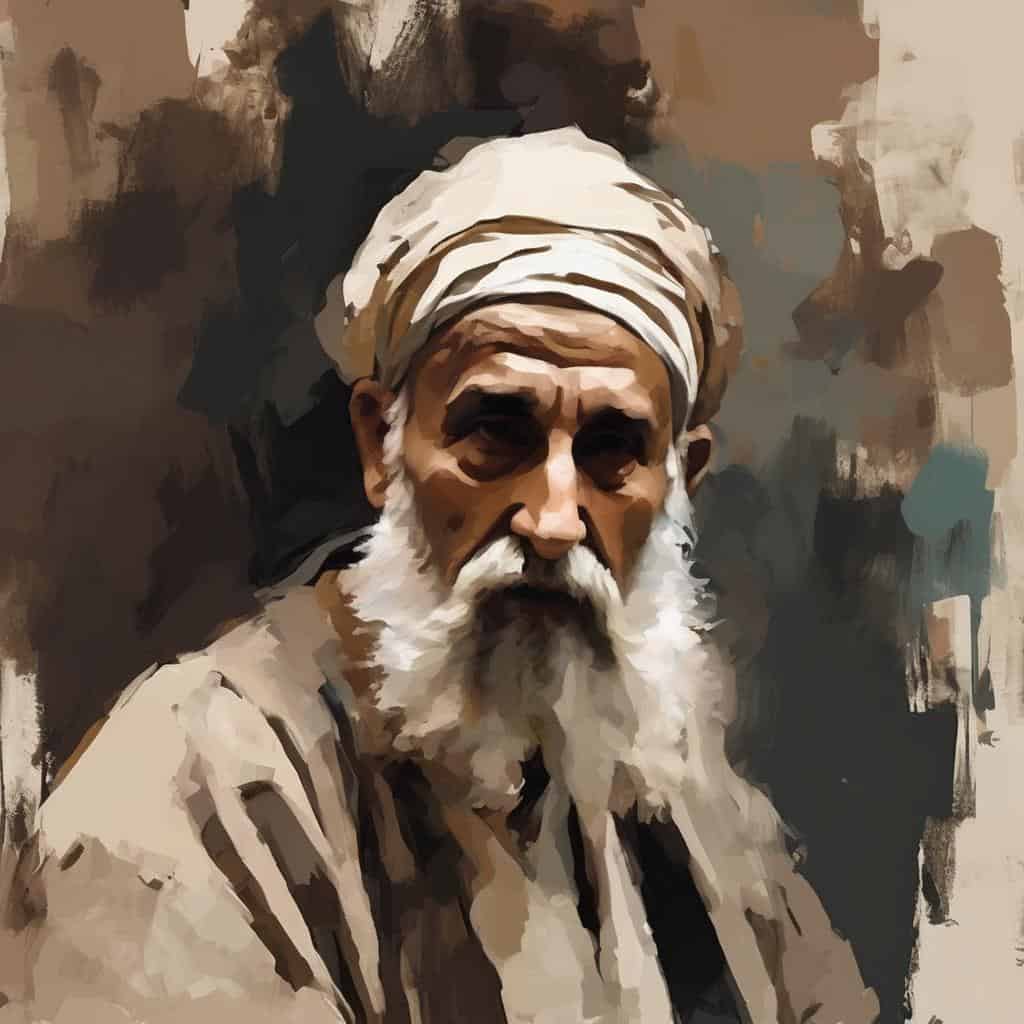 Παλιός άνδρας με λευκό μαντήλι στο κεφάλι, πορτρέτο με εντυπωσιακές πινελιές ζωγραφικής.