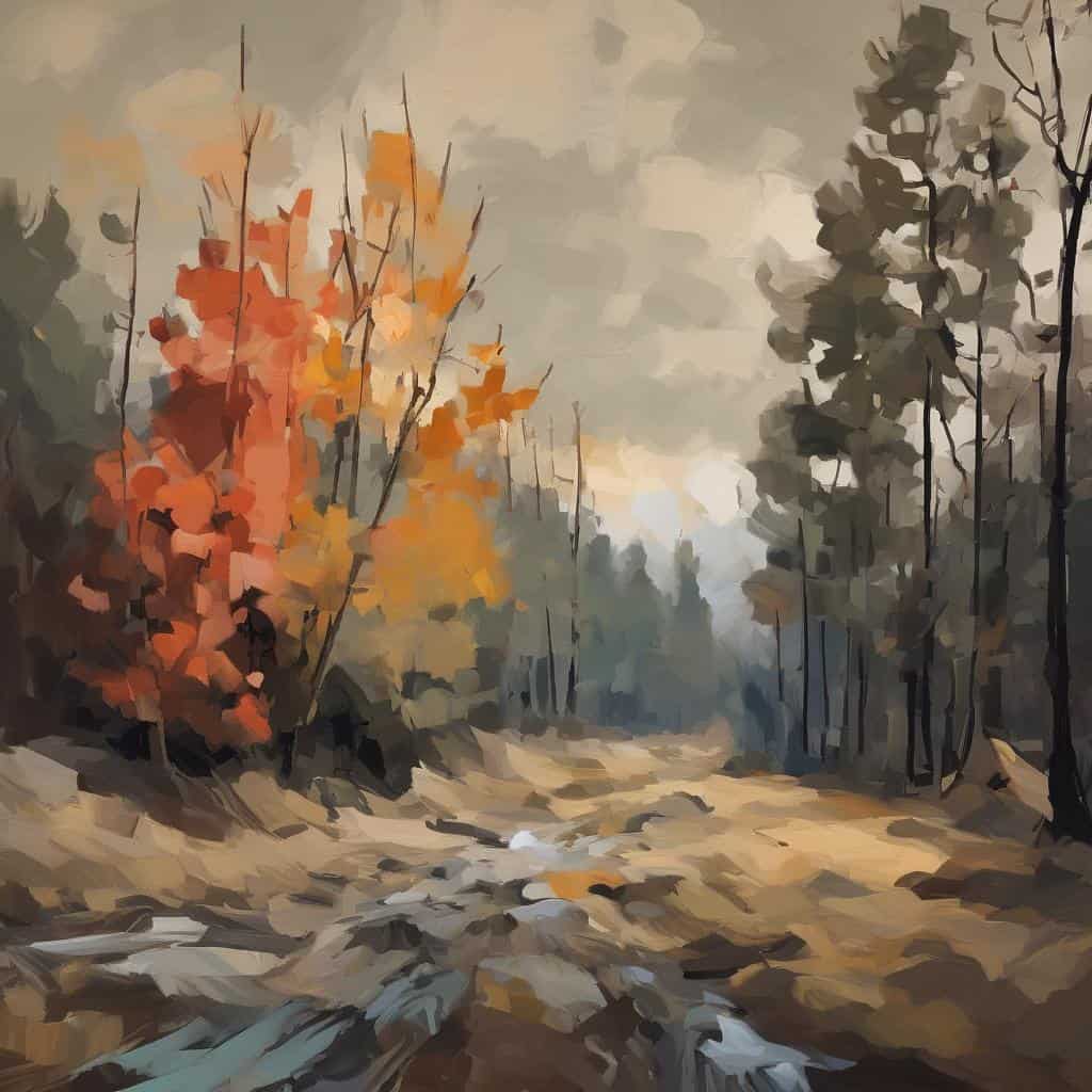 φωτογραφία με ηπειρωτικό τοπίο φθινοπωρινό δασότοπο και ποτάμι, με εκλεπτυσμένο στυλ ζωγραφικής, που αποτυπώνει τη φύση και την εσωτερική κατάσταση.