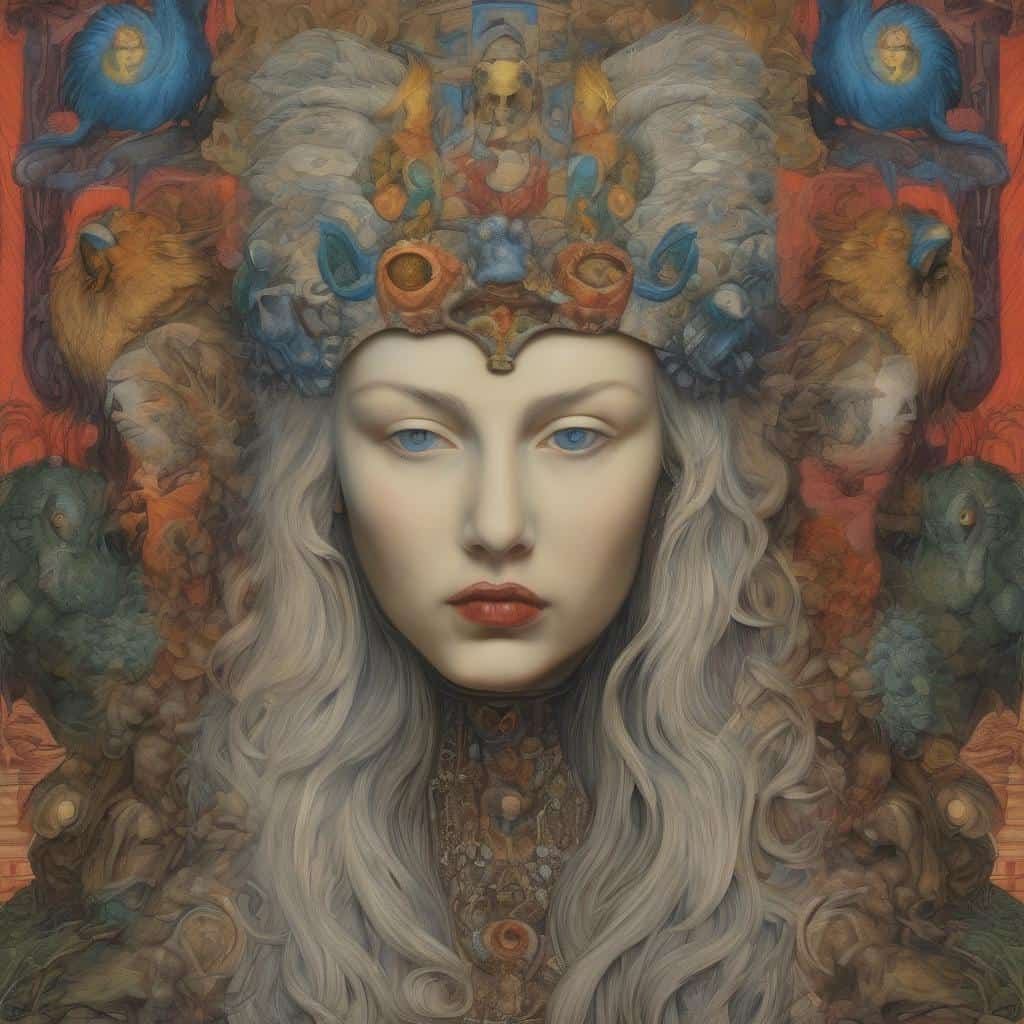 Ζωντανό ανθρώπινο πρόσωπο με μυθολογική διακόσμηση και ζωώδεις φιγούρες, παρόμοιο με το έργο "Η Εικόνα ως Καθρέφτης της Κατάστασης".