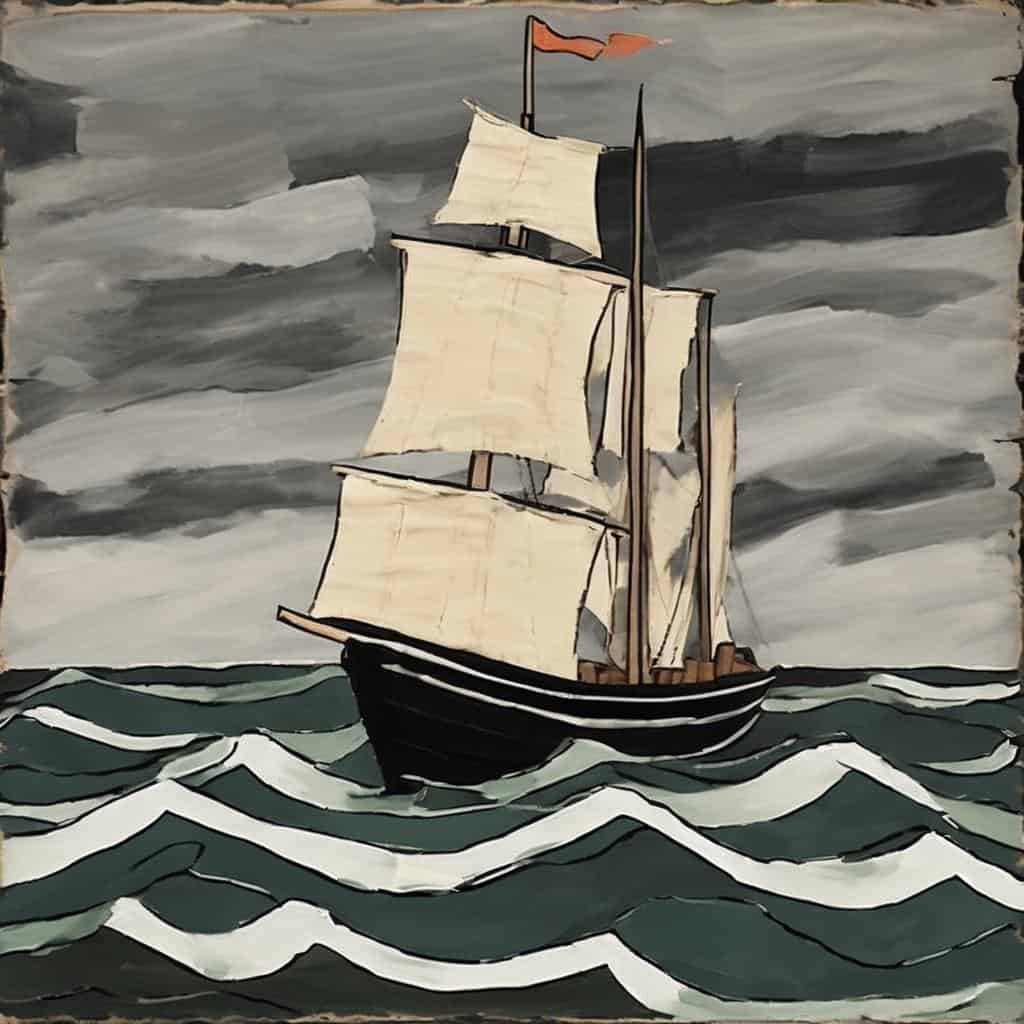 Ξύλινο πλοίο με λευκές πανιά σε μουντό θάλασσα, συμβολίζει την εικόνα ως καθρέφτη της κατάστασης.